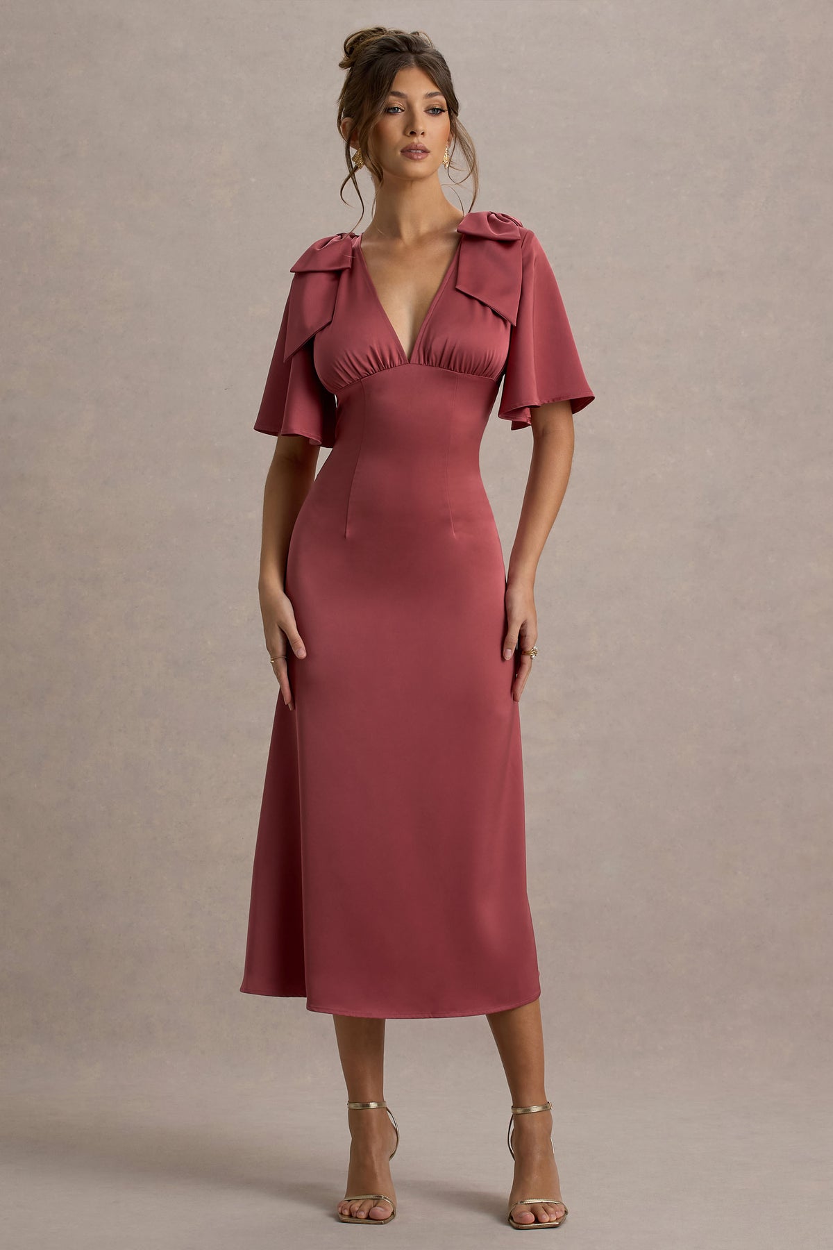 Danna Rose Pink Satin V-Neck Short-Sleeve Midi Dress Club L London - AUS Danna Rose Pink Satin V-Neck Short-Sleeve Midi Dress Club L London - AUS