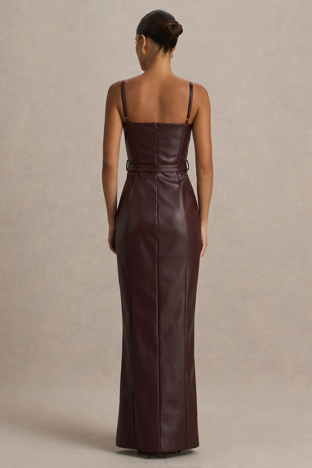 Lila Burgundy Faux Leather Plunge-Neck Maxi Dress With Split – Club L  London