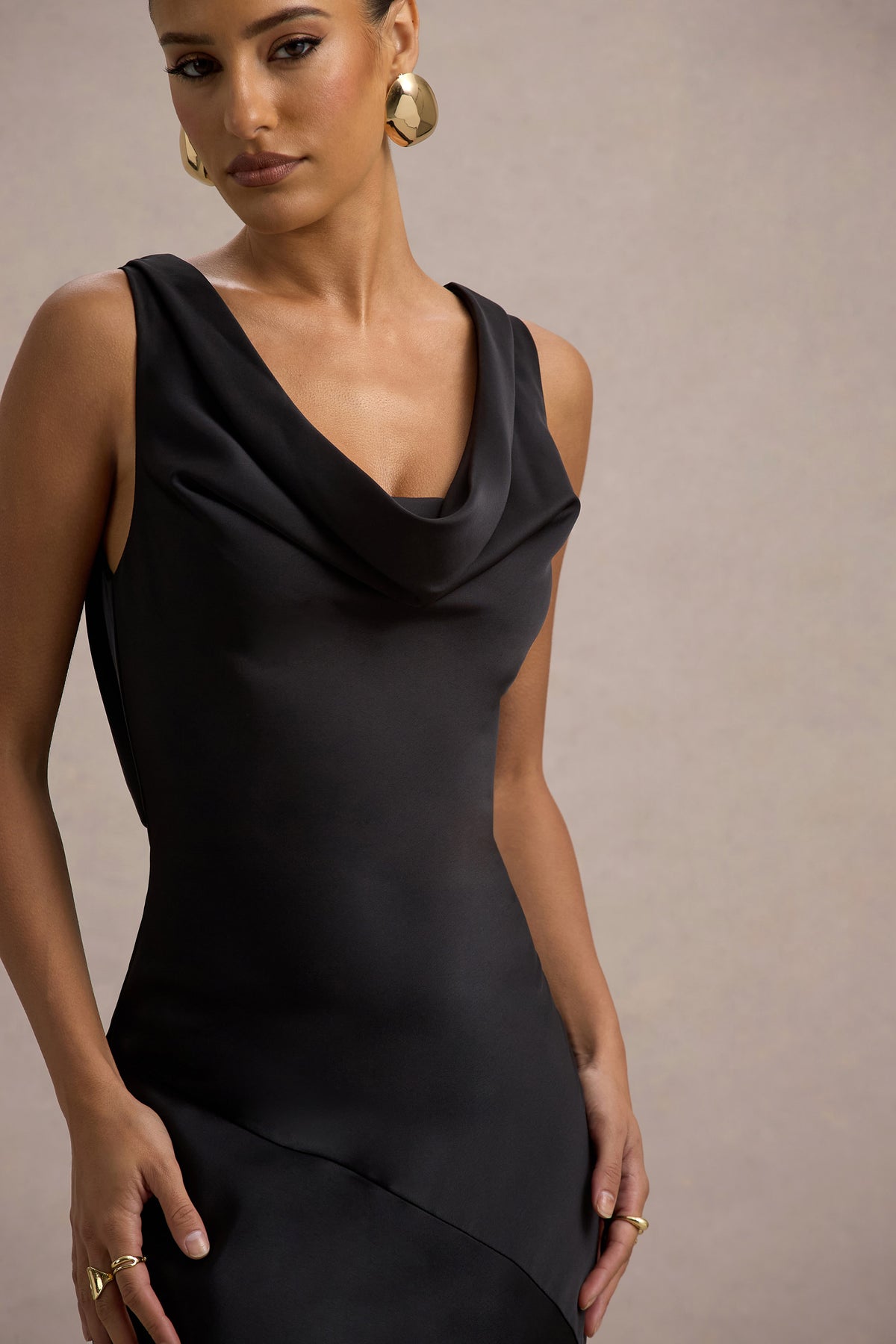 Alesso Black Satin Cowl-Neck Slip-Maxi Dress Club L London - AUS Alesso Black Satin Cowl-Neck Slip-Maxi Dress Club L London - AUS