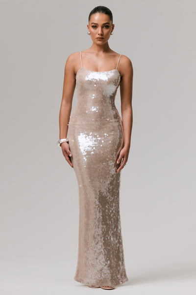 Vermont | Nude Sequin Square-Neck Maxi Dress – Club L London