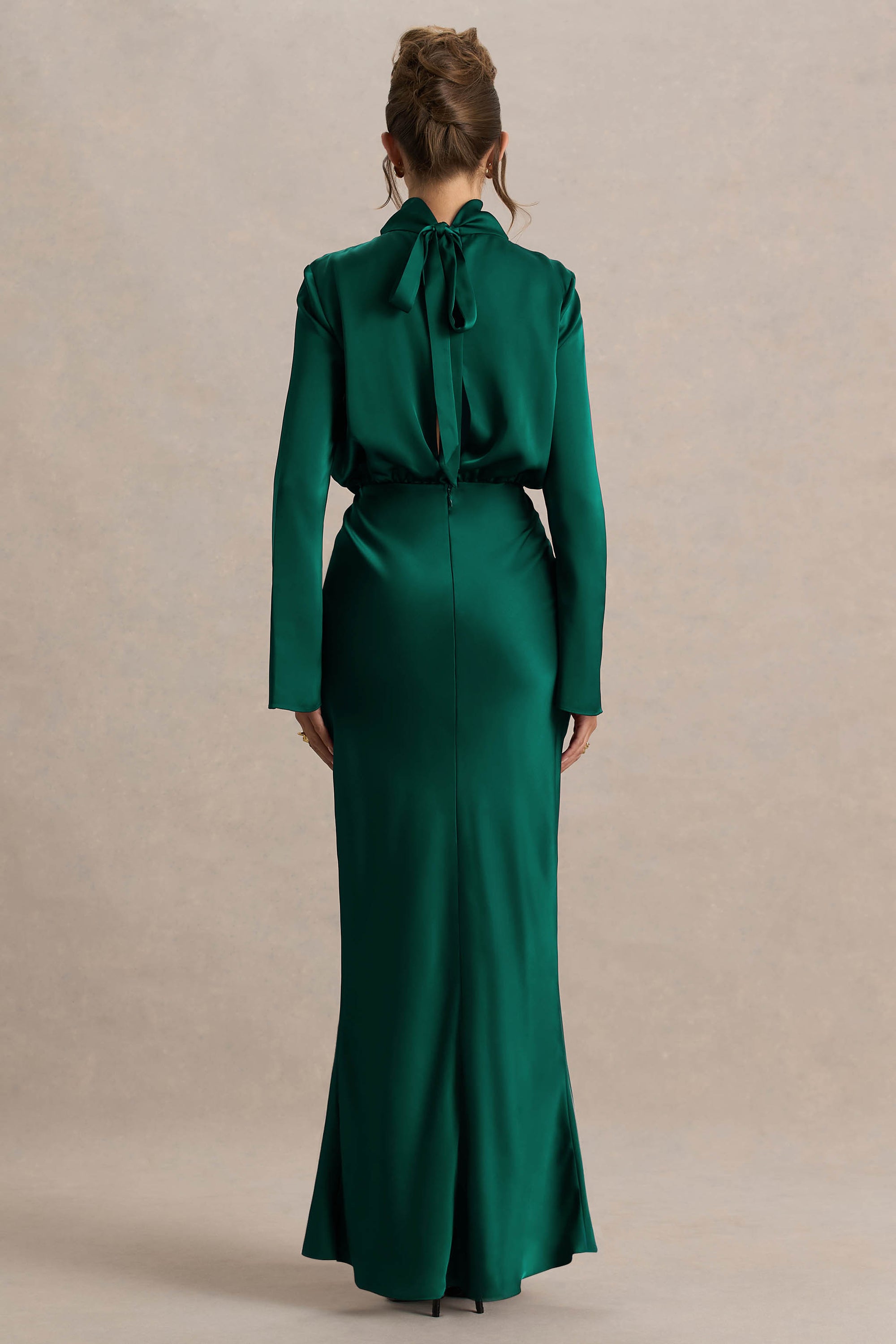 green satin dress australia Claire Satin Drape Back Maxi Dress with Split - Green