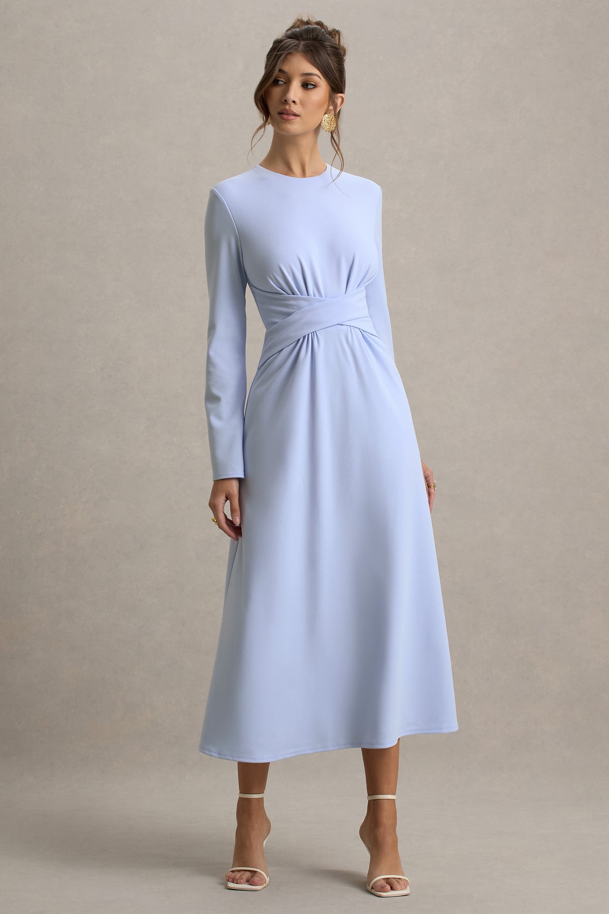 Cassiopeia Powder Blue Long-Sleeve Midi Dress With Cross Waist Club L London - AUS Cassiopeia Powder Blue Long-Sleeve Midi Dress With Cross Waist Club L London - AUS