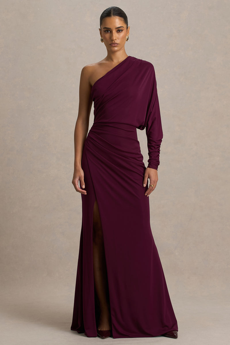 Valina | Burgundy Ruched Asymmetric Maxi Dress With Drape – Club L London