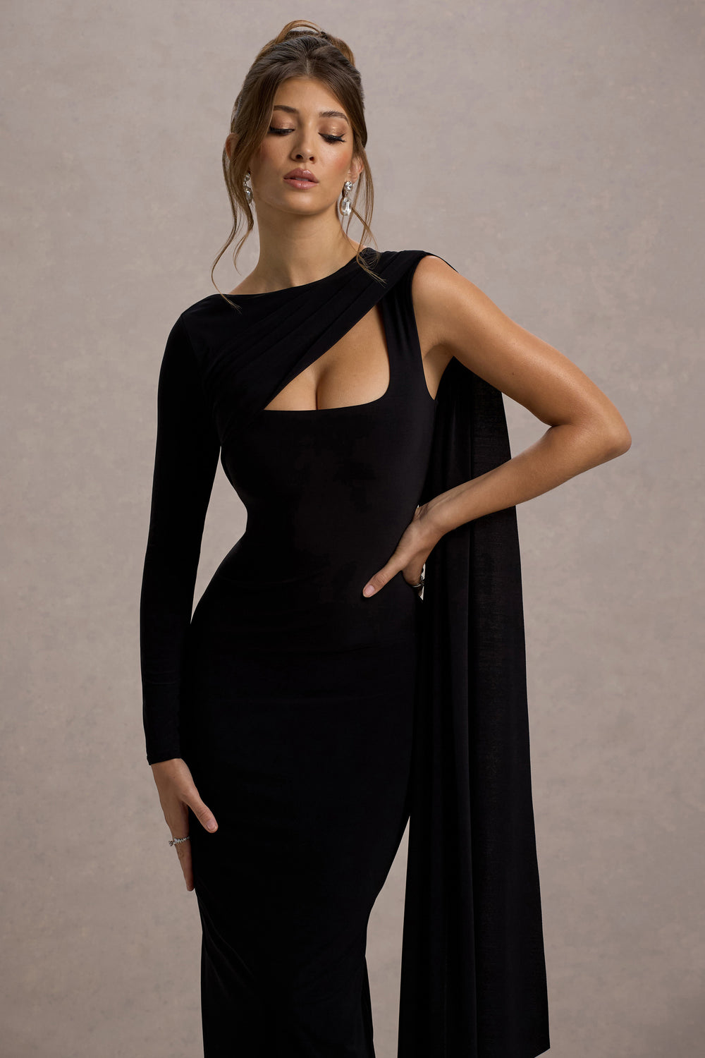 Ashini | Black One-Sleeve Maxi Dress With Cape – Club L London - AUS
