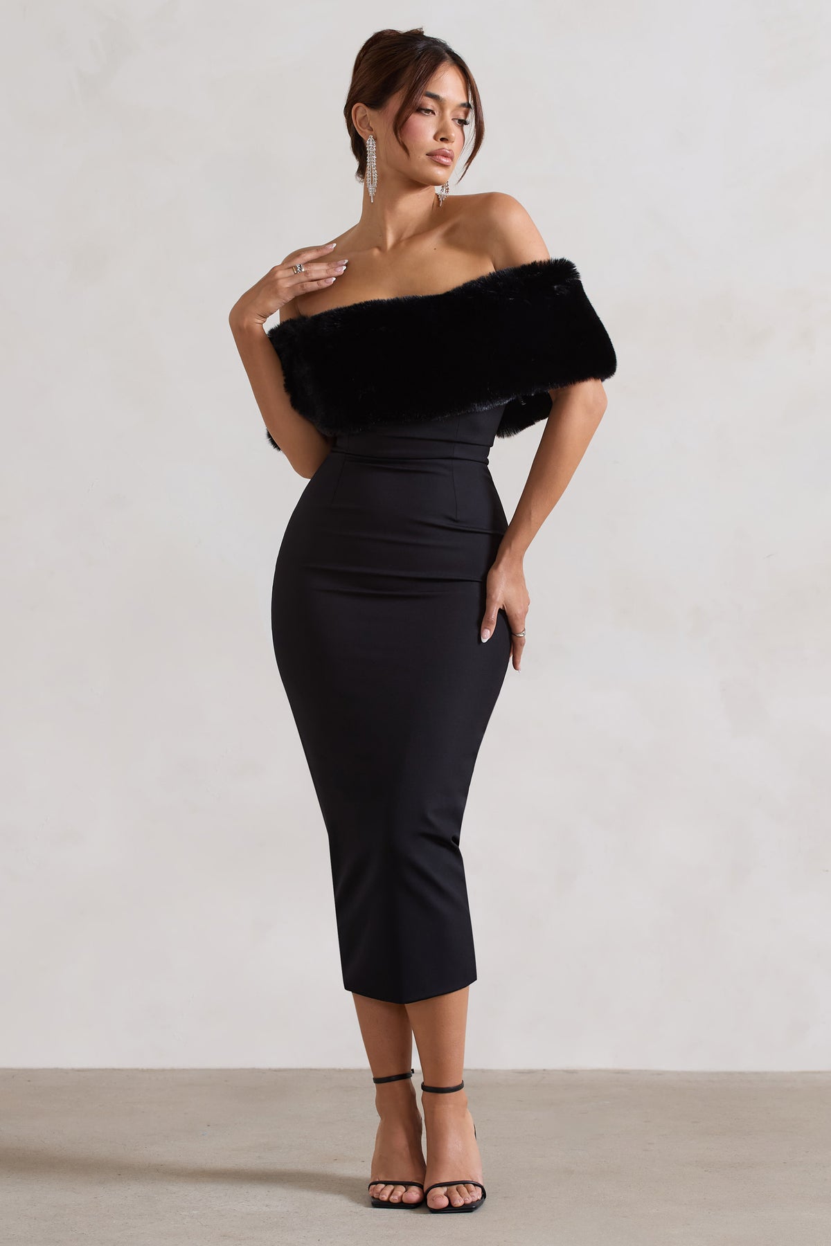 Zia Black Bardot Midi Dress With Fur Trim Club L London AUS