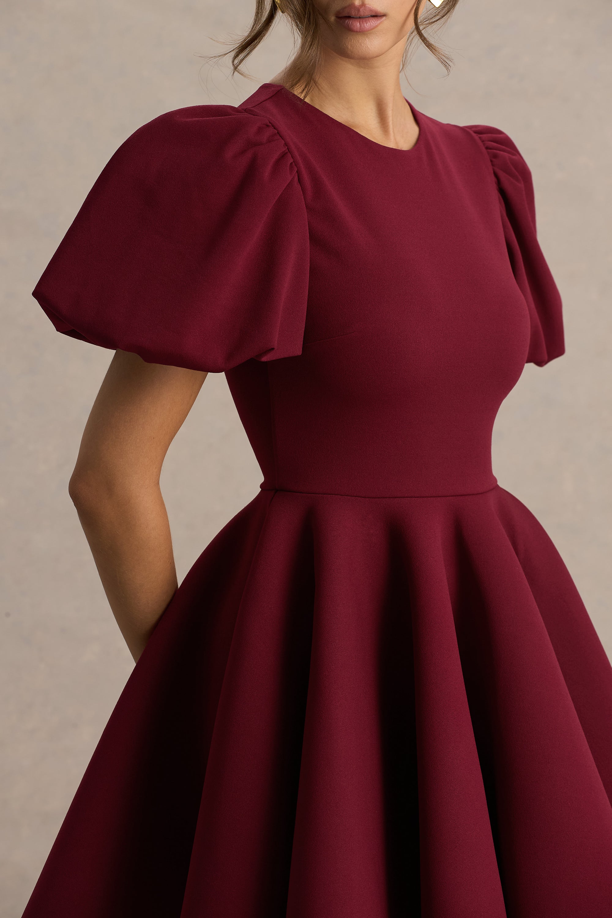 Emelia | Burgundy Puff-Sleeve Skater Mini Dress – Club L London