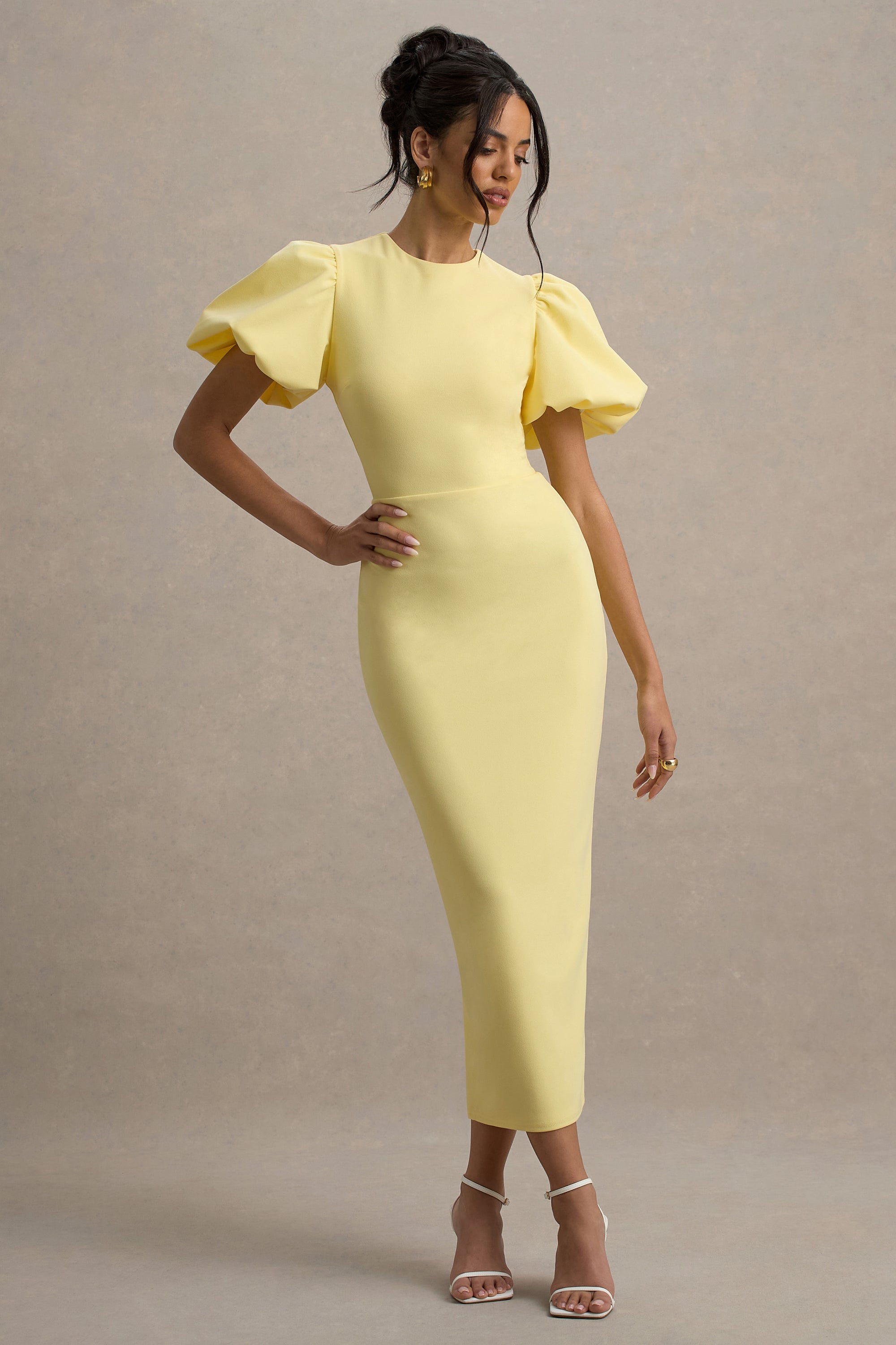 Lemon Puff-Sleeve Midi Dress Club L London Lemon Puff-Sleeve Midi Dress Club L London