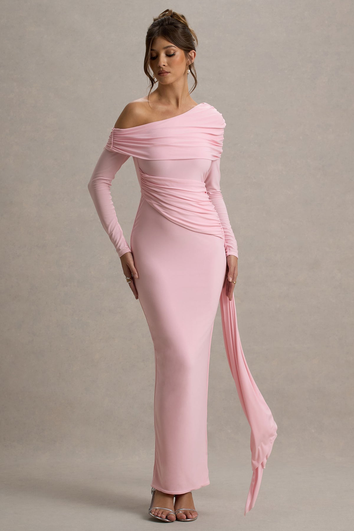 Valina Pink Ruched Asymmetric Maxi Dress With Drape Club L London - AUS Valina Pink Ruched Asymmetric Maxi Dress With Drape Club L London - AUS