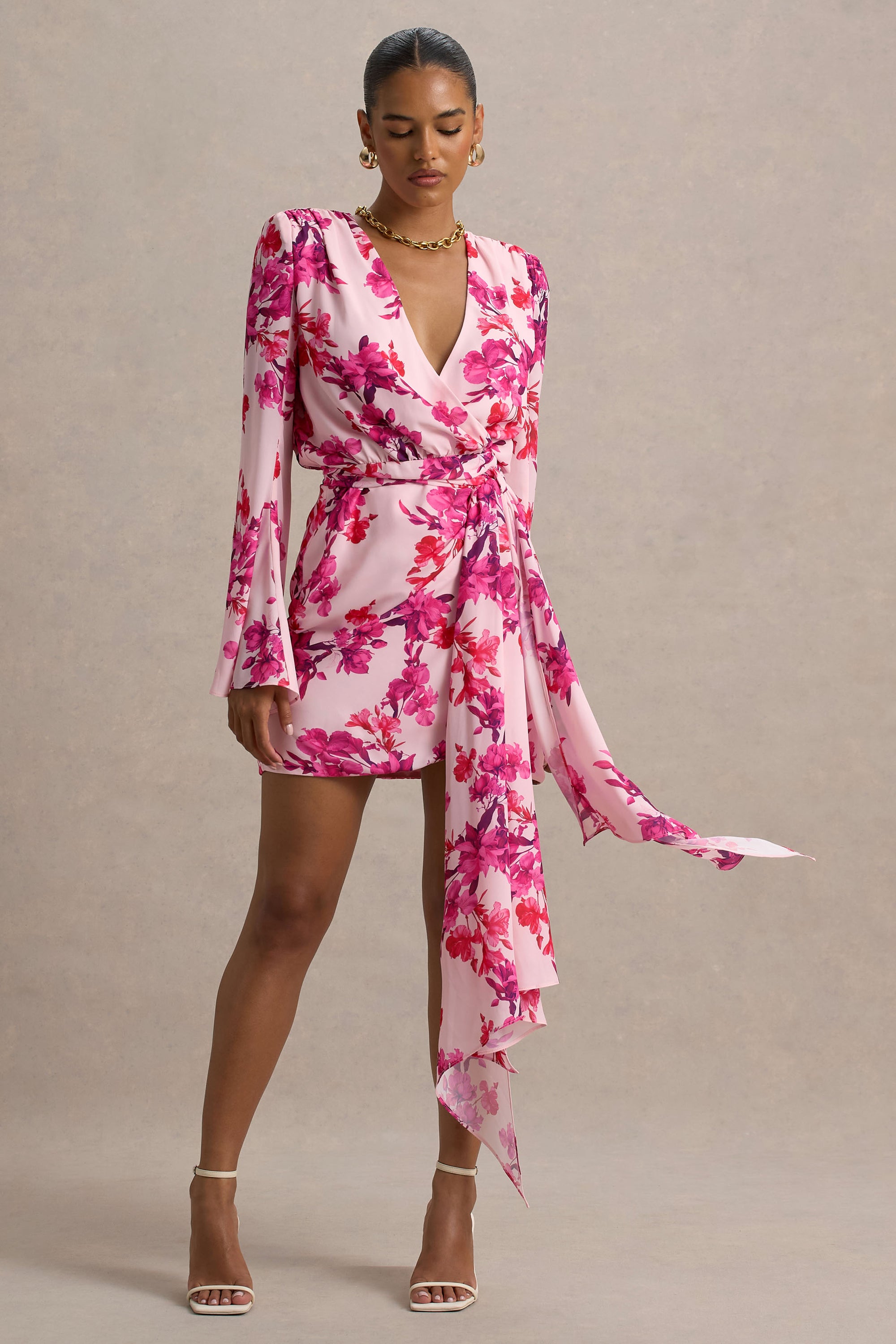 long sleeve floral dress australia Goldie | Pink Floral Print Chiffon Long-Sleeve Wrap Mini Dress – Club L  London