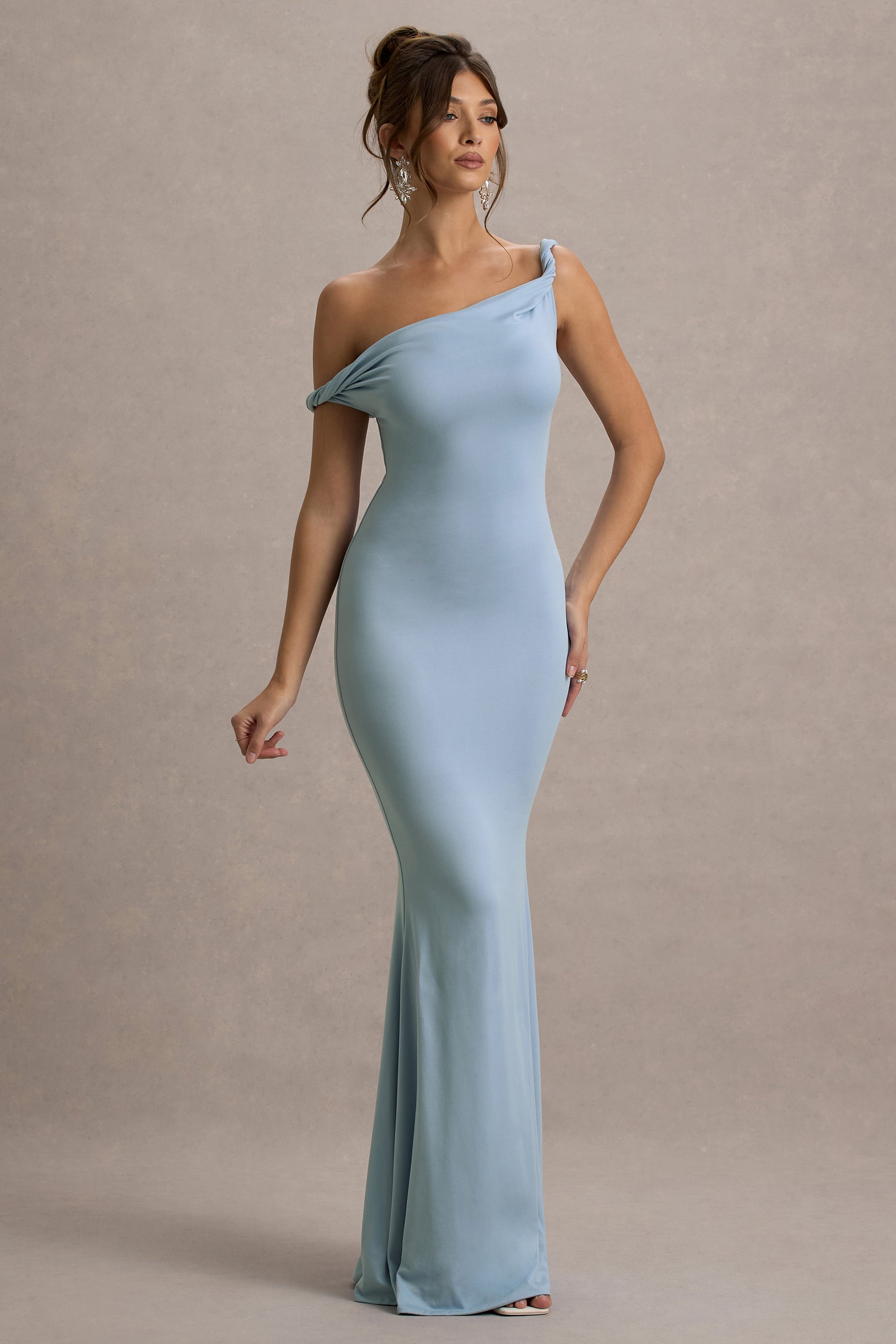 days like today blue satin asymmetrical tie back midi dress Lita | Powder Blue Twisted Asymmetric Maxi Dress – Club L London