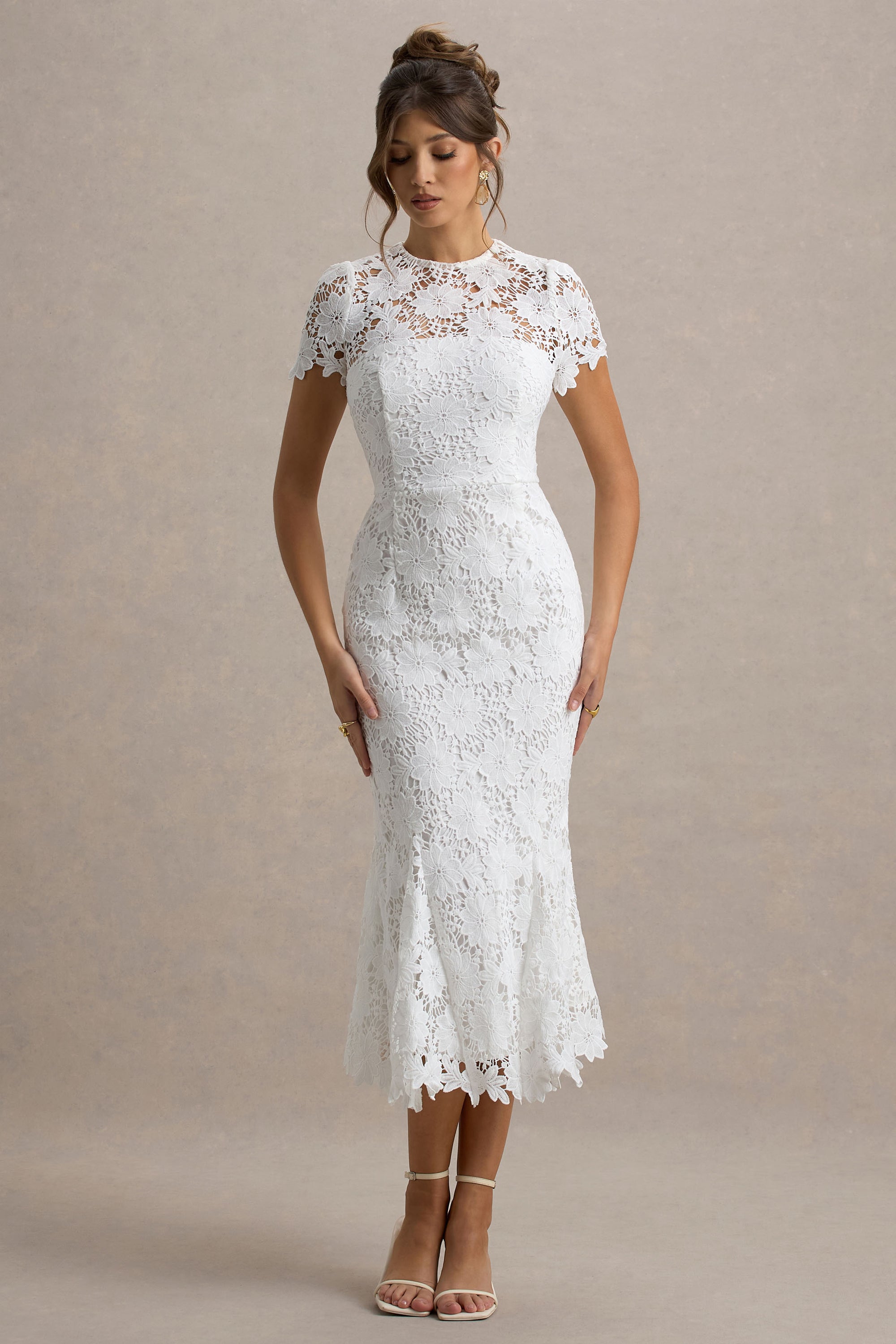 white lace dress au Plus Size Lace Fit-and-Flare Wedding Dress with Sleeves