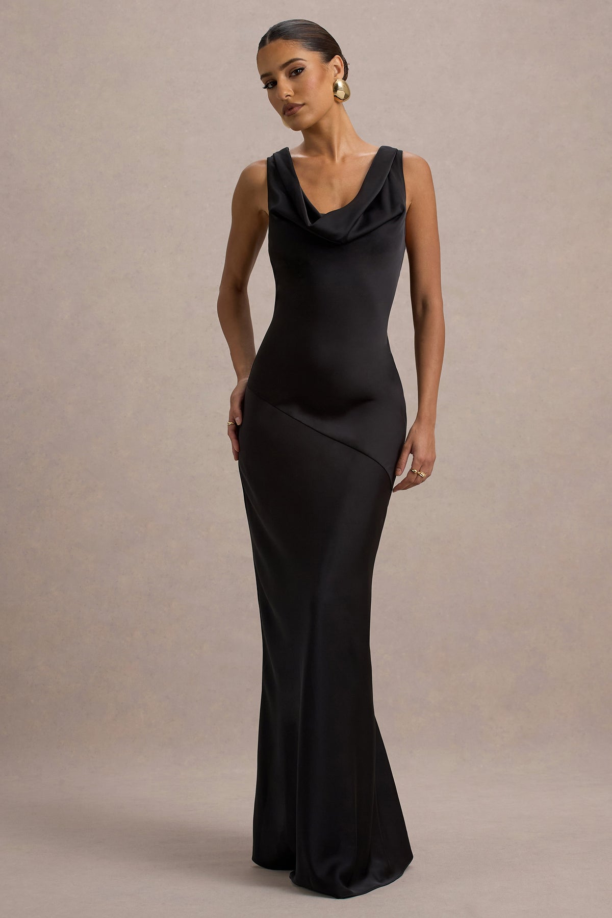 Alesso Black Satin Cowl-Neck Slip-Maxi Dress Club L London - AUS Alesso Black Satin Cowl-Neck Slip-Maxi Dress Club L London - AUS