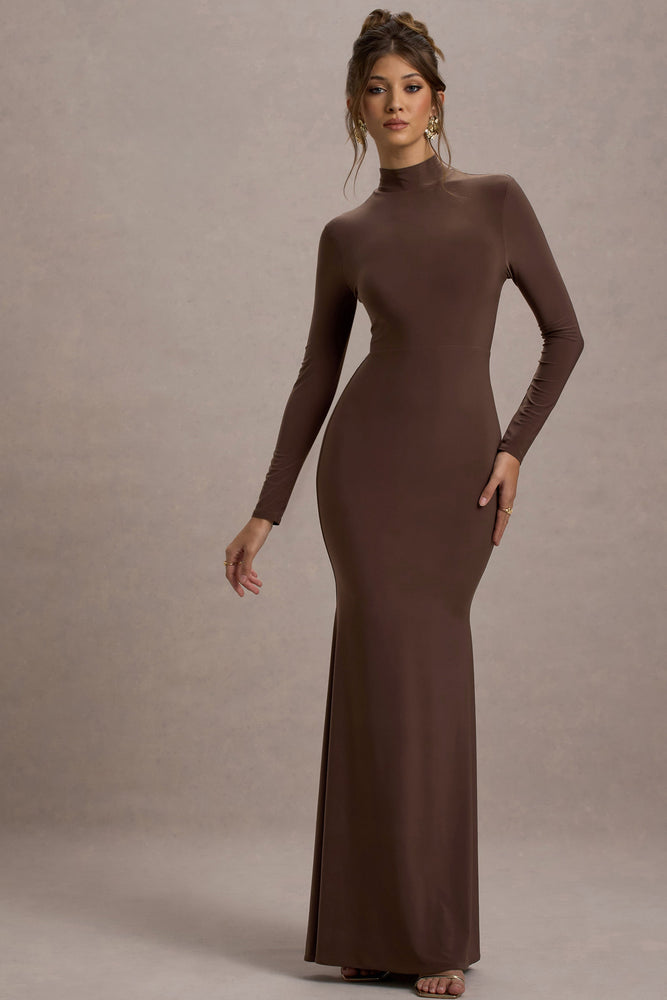 Tova Chocolate High-Neck Long-Sleeve Maxi Dress – Club L London AUS