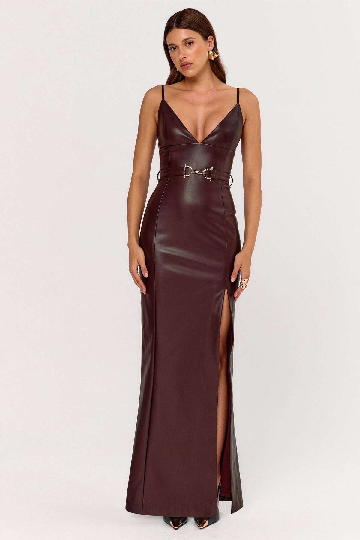 Lila Burgundy Faux Leather Plunge-Neck Maxi Dress With Split Club L London - AUS Lila Burgundy Faux Leather Plunge-Neck Maxi Dress With Split Club L London - AUS