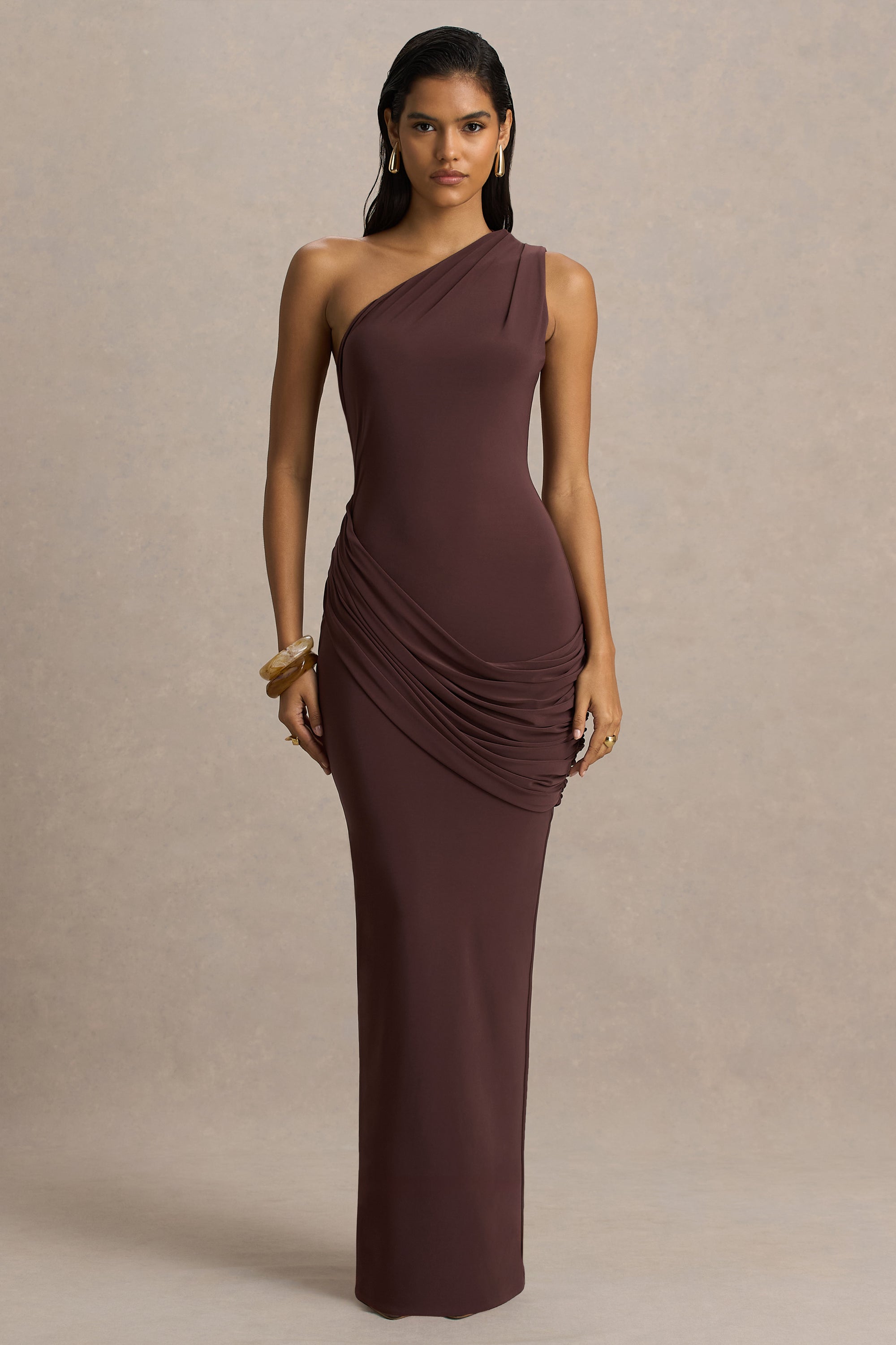 Elisa | Brown Asymmetric-Neck Maxi Dress With Open-Back And Ruched Det –  Club L London
