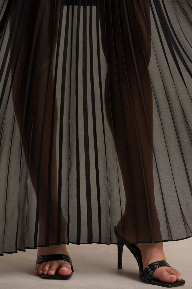 Jaquetta Black Belted Maxi Dress With Pleated Chiffon Skirt – Club