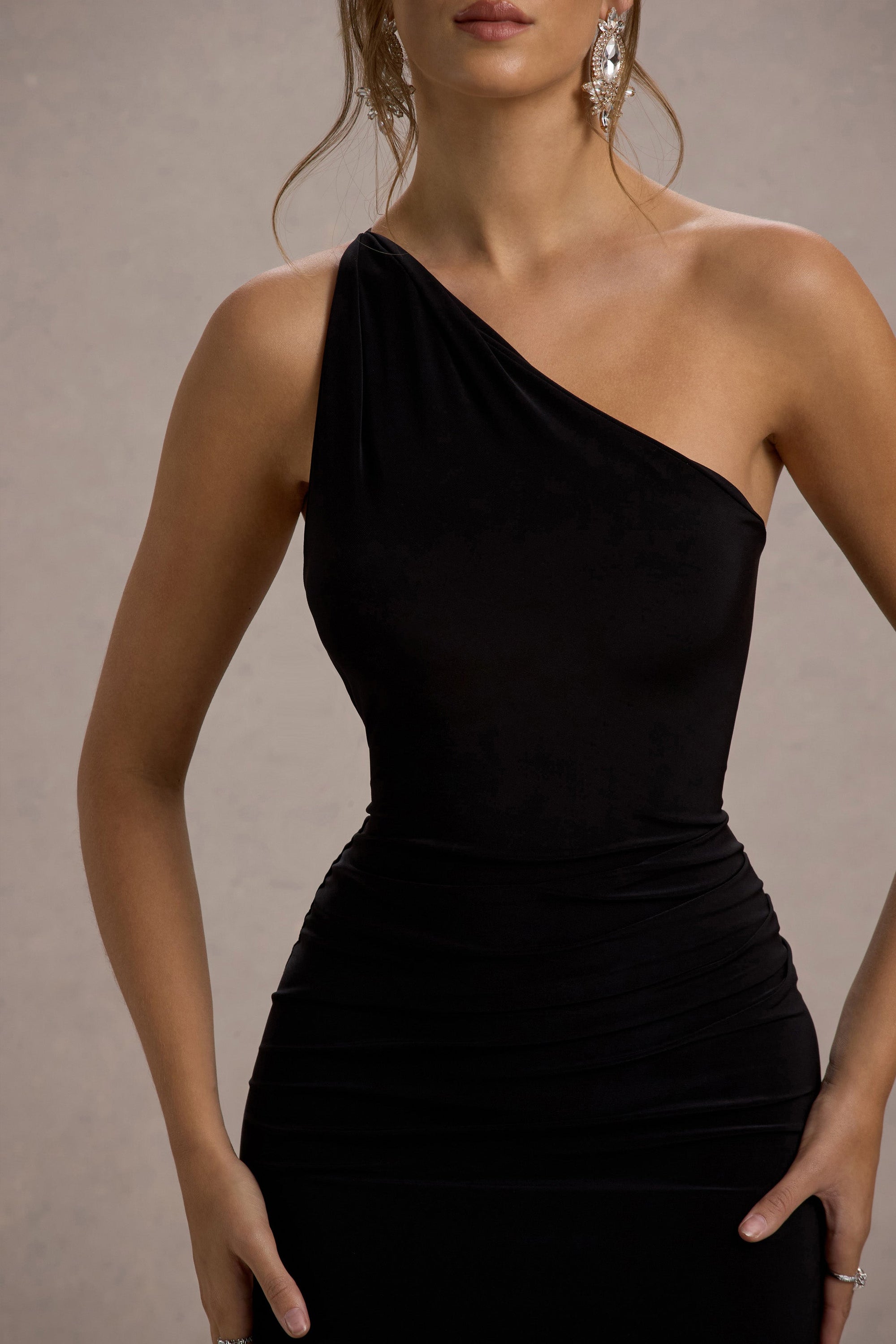 Dressing Up | Black One Shoulder Maxi Dress With Open Back Detail - Club L London - AUS
