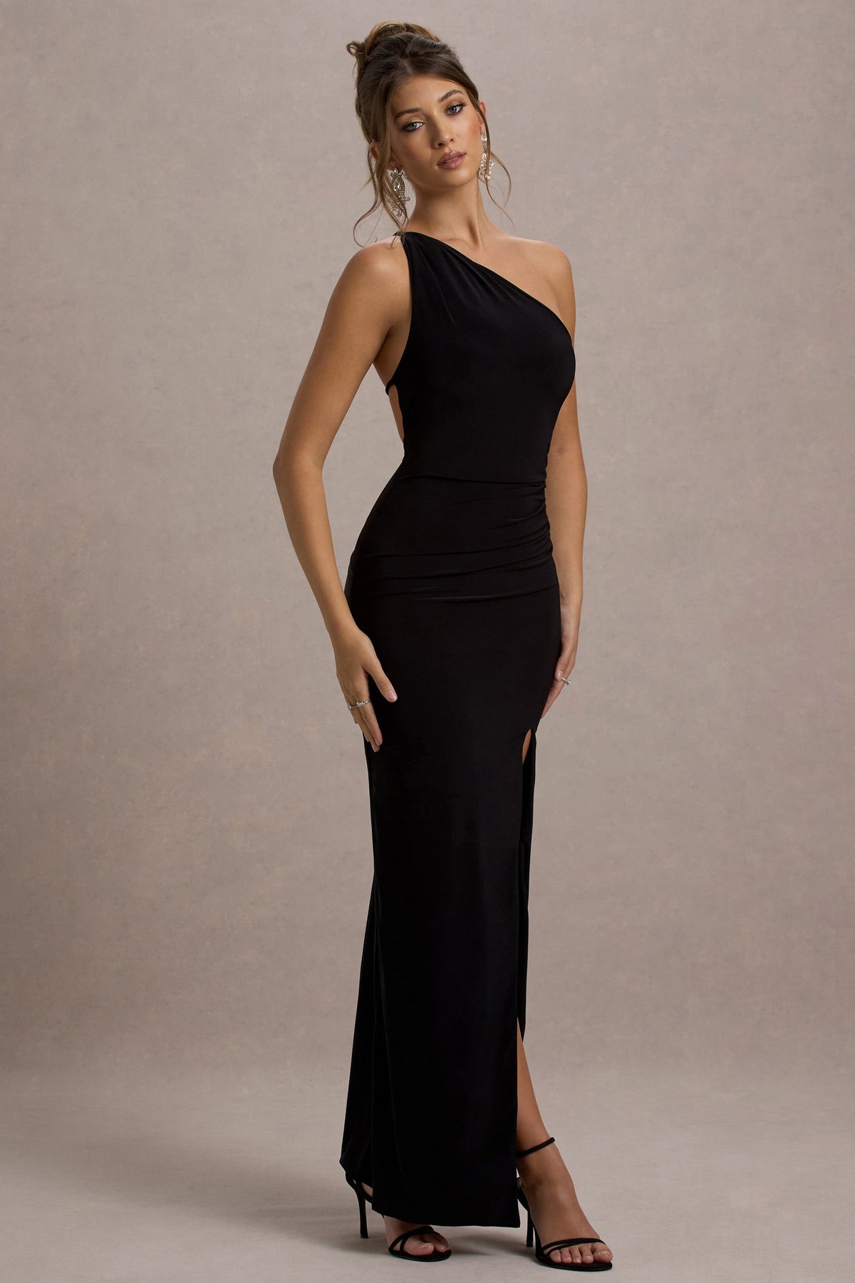 Dressing Up | Black One Shoulder Maxi Dress With Open Back Detail - Club L London - AUS