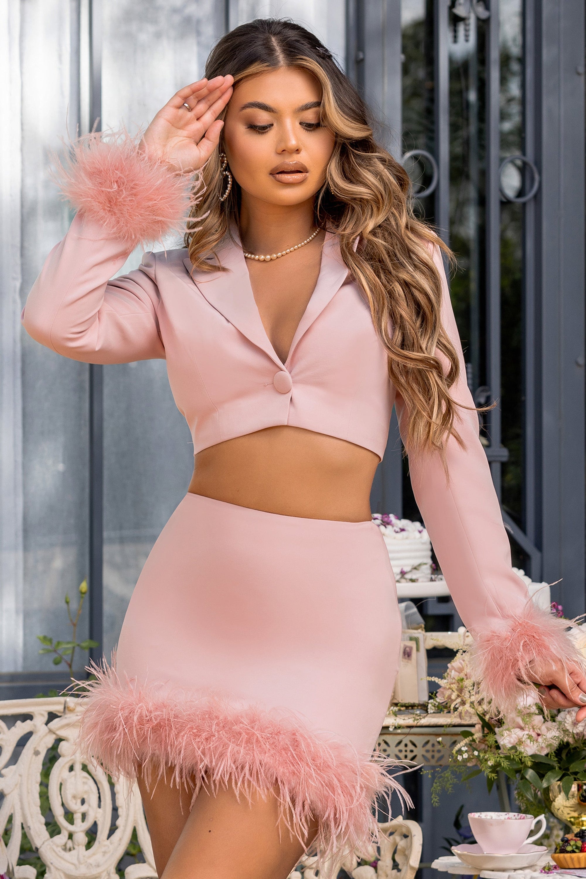 Tempting | Pink Cropped Blazer With Feather Trim On Sleeve Cuff - Club L London - AUS