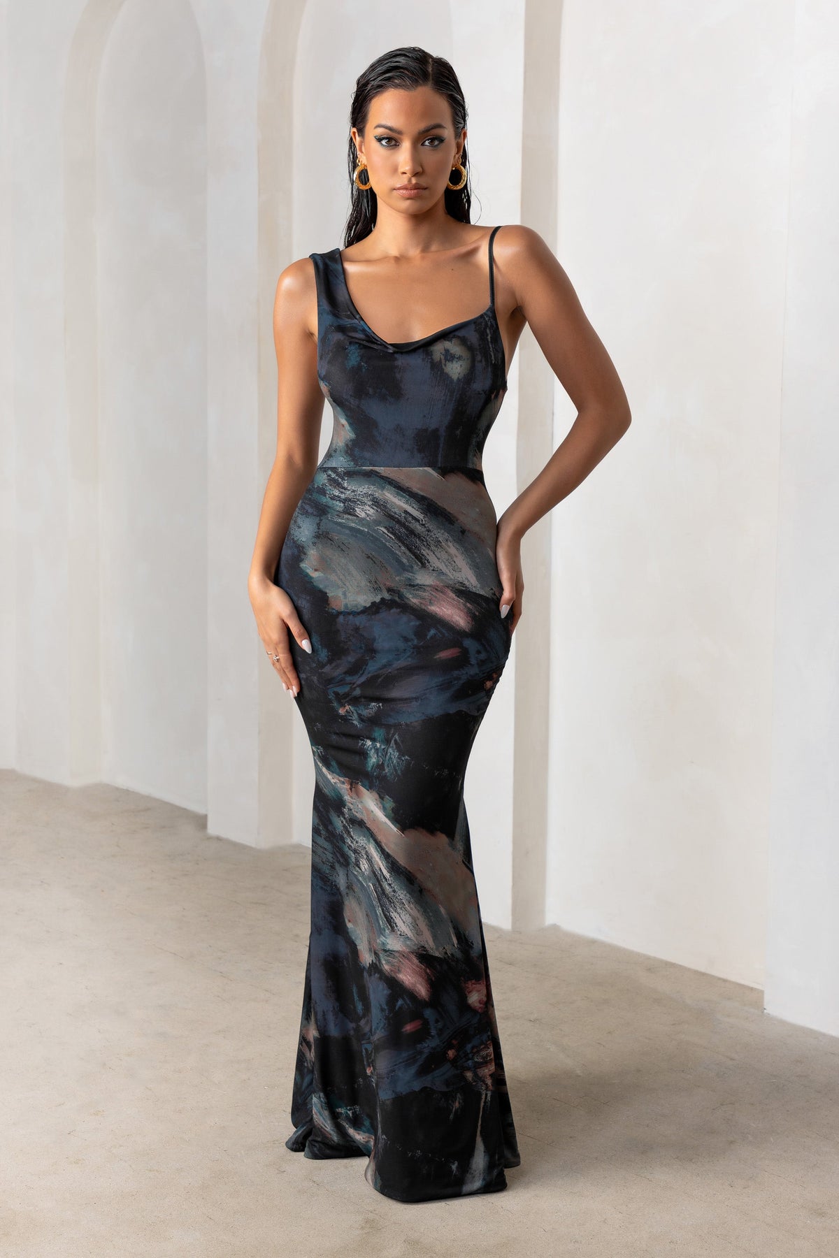 Black Abstract Print Satin Cowl Neck Maxi Dress