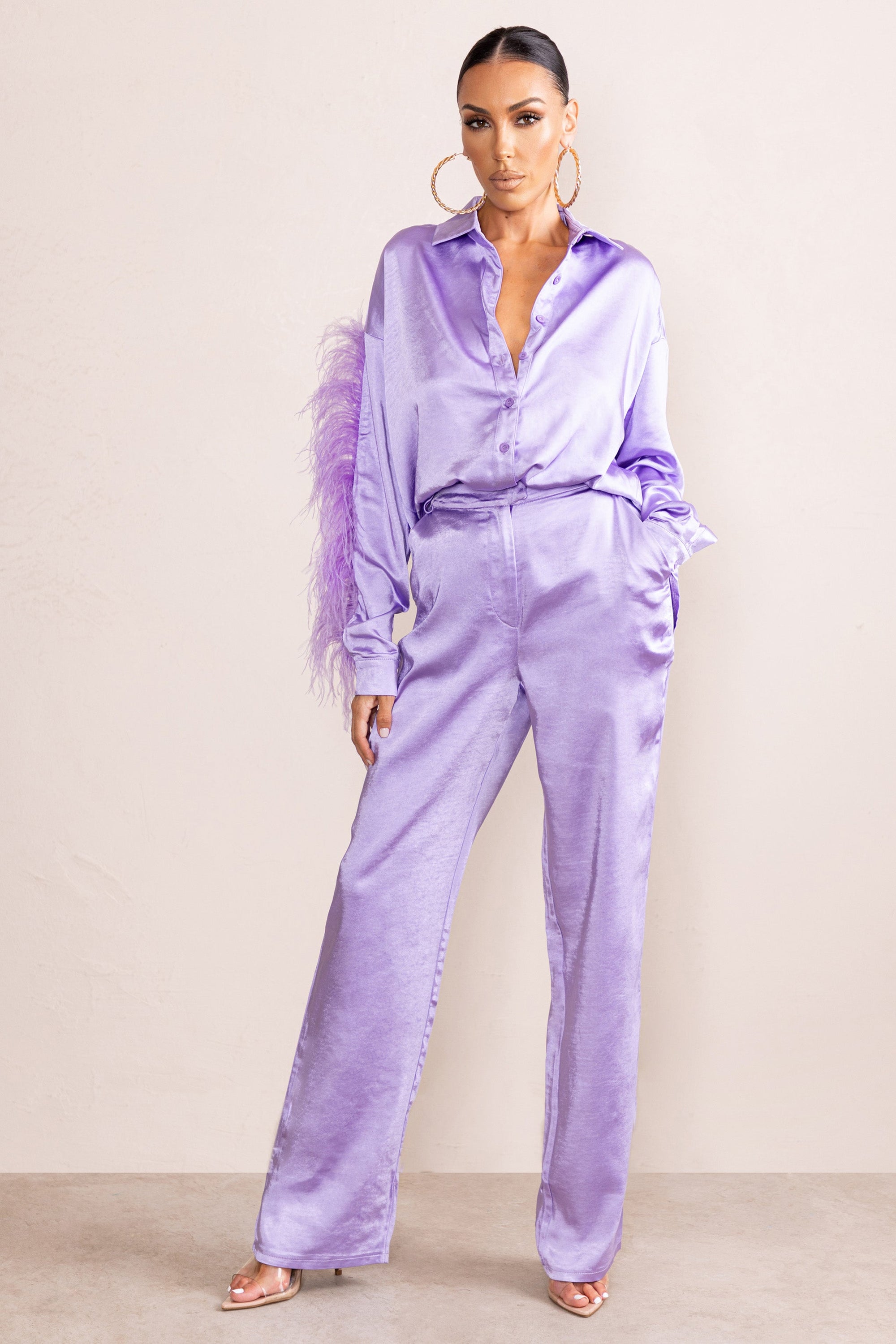 Evening Memories | Lilac Satin Wide Leg Trousers - Club L London - AUS