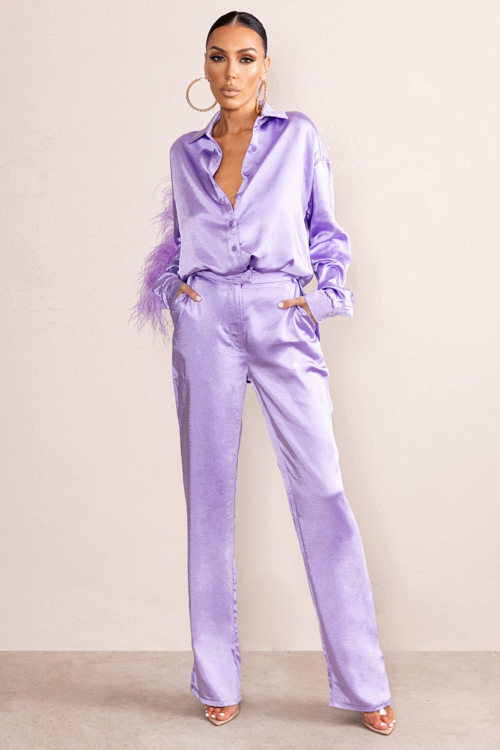 Evening Memories | Lilac Satin Wide Leg Trousers - Club L London - AUS