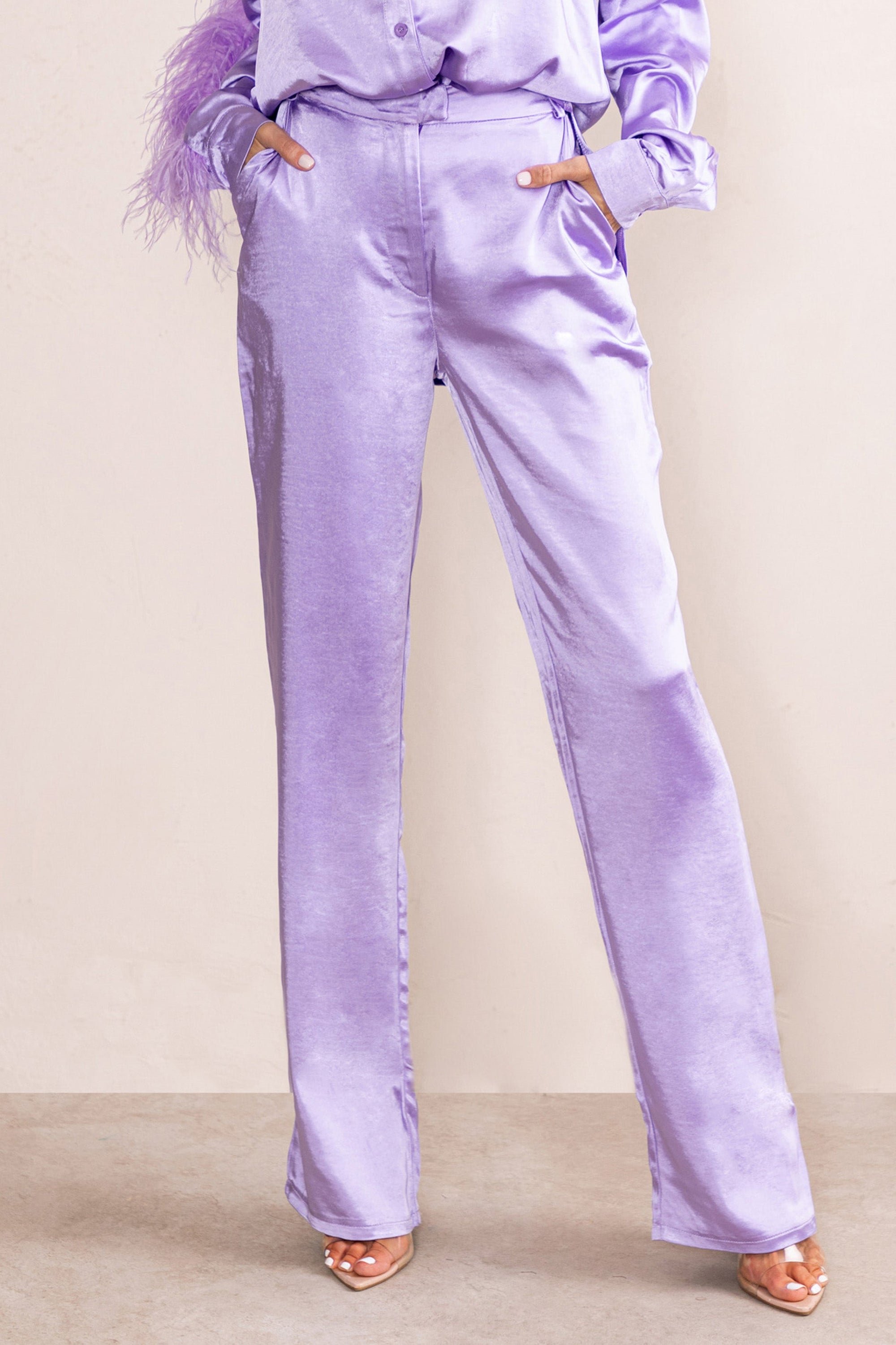 Evening Memories | Lilac Satin Wide Leg Trousers - Club L London - AUS