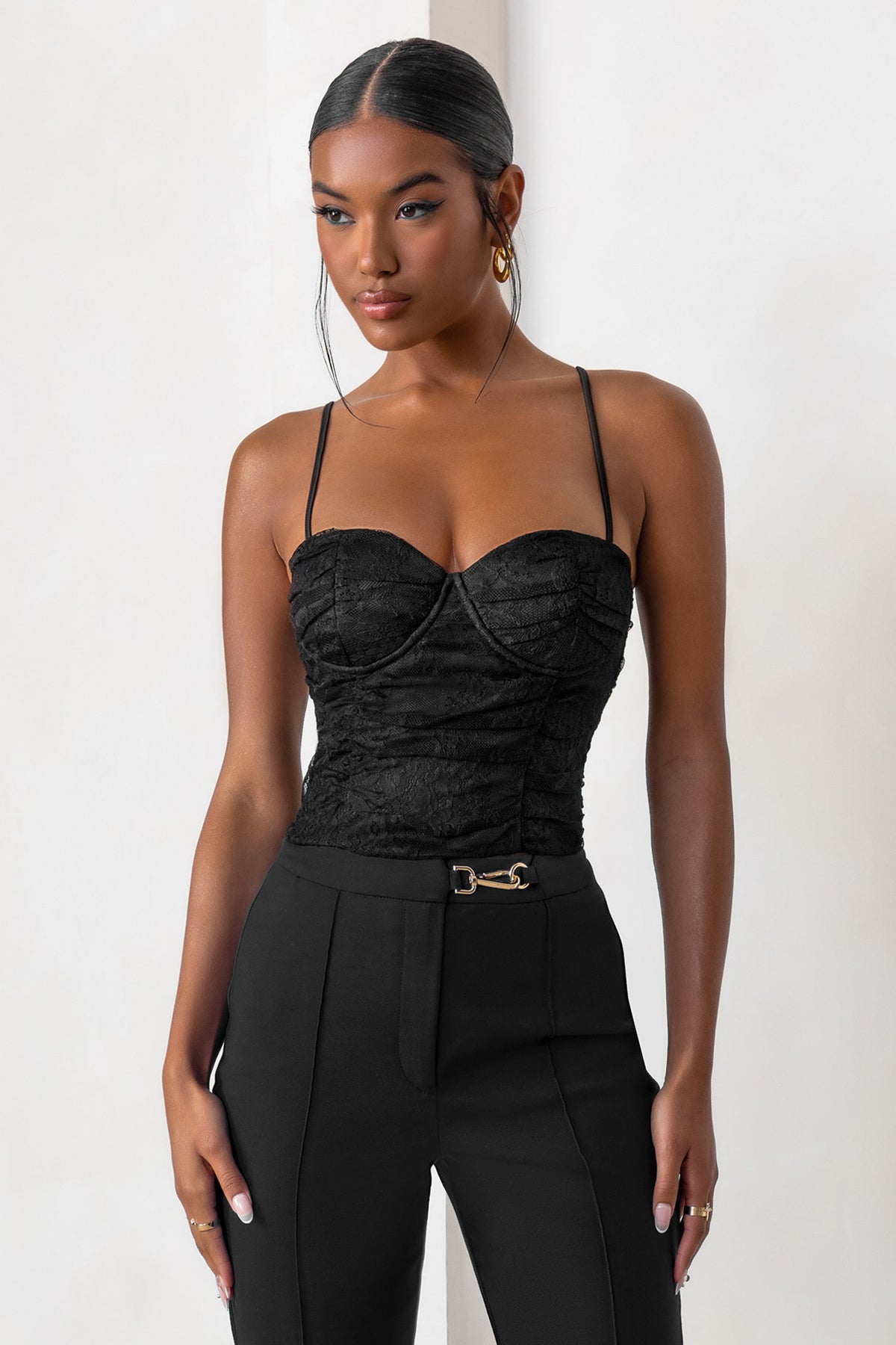 Talulla Black Lace Ruched Mesh Top With Bra Cup Detail – Club L