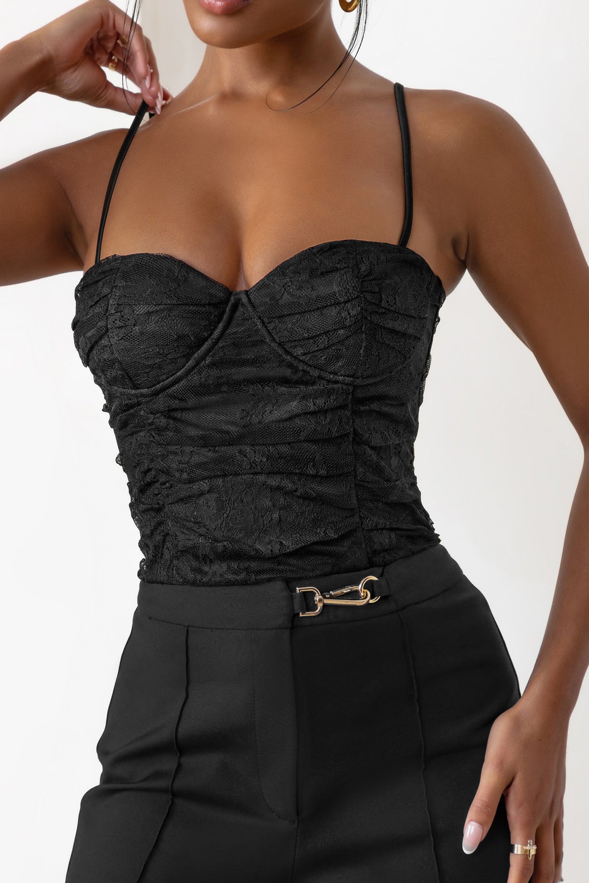 Talulla Black Lace Ruched Mesh Top With Bra Cup Detail – Club L London - AUS