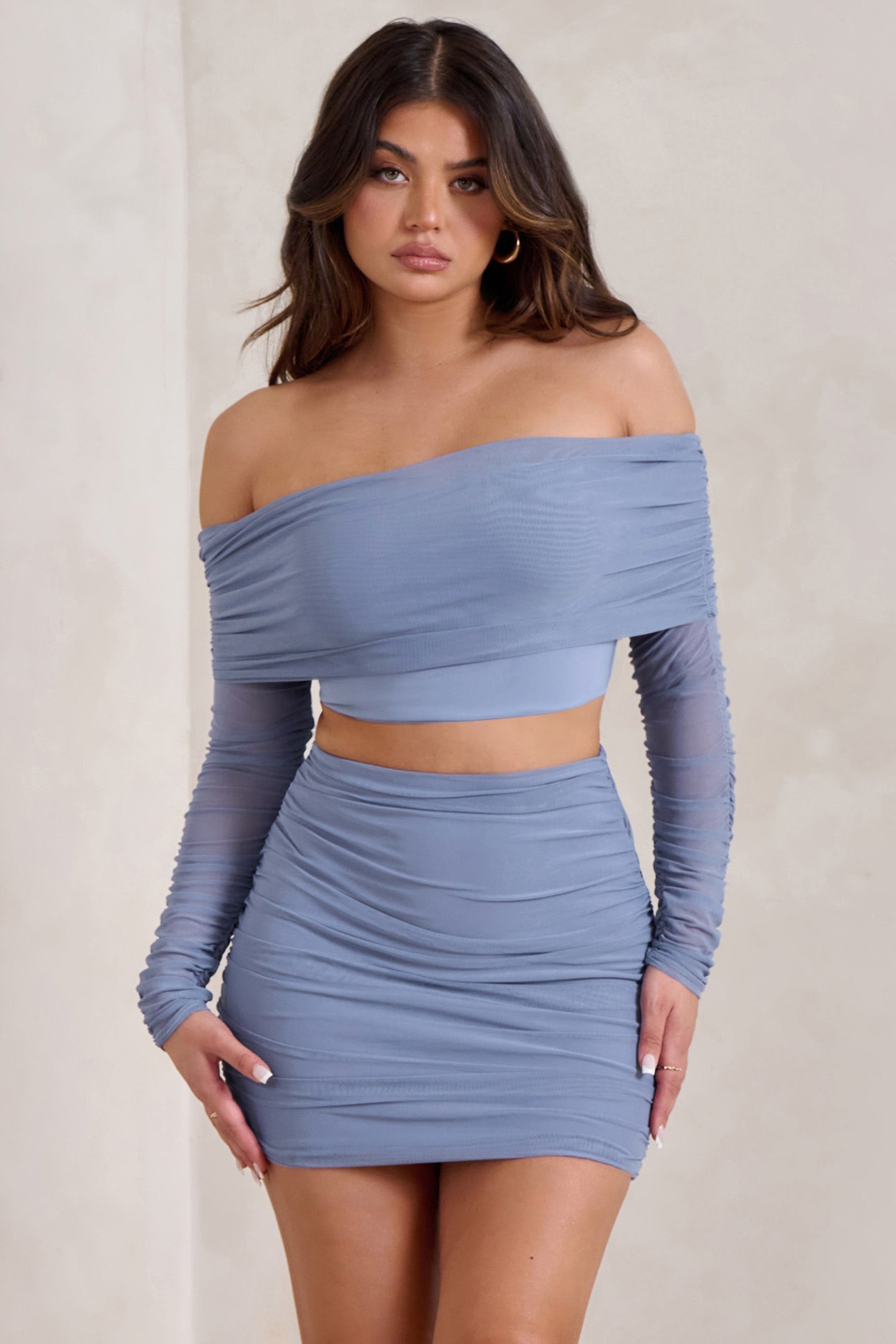 Rule Breaker | Cornflower Blue Ruched Mesh Bardot Crop Top - Club L London - AUS