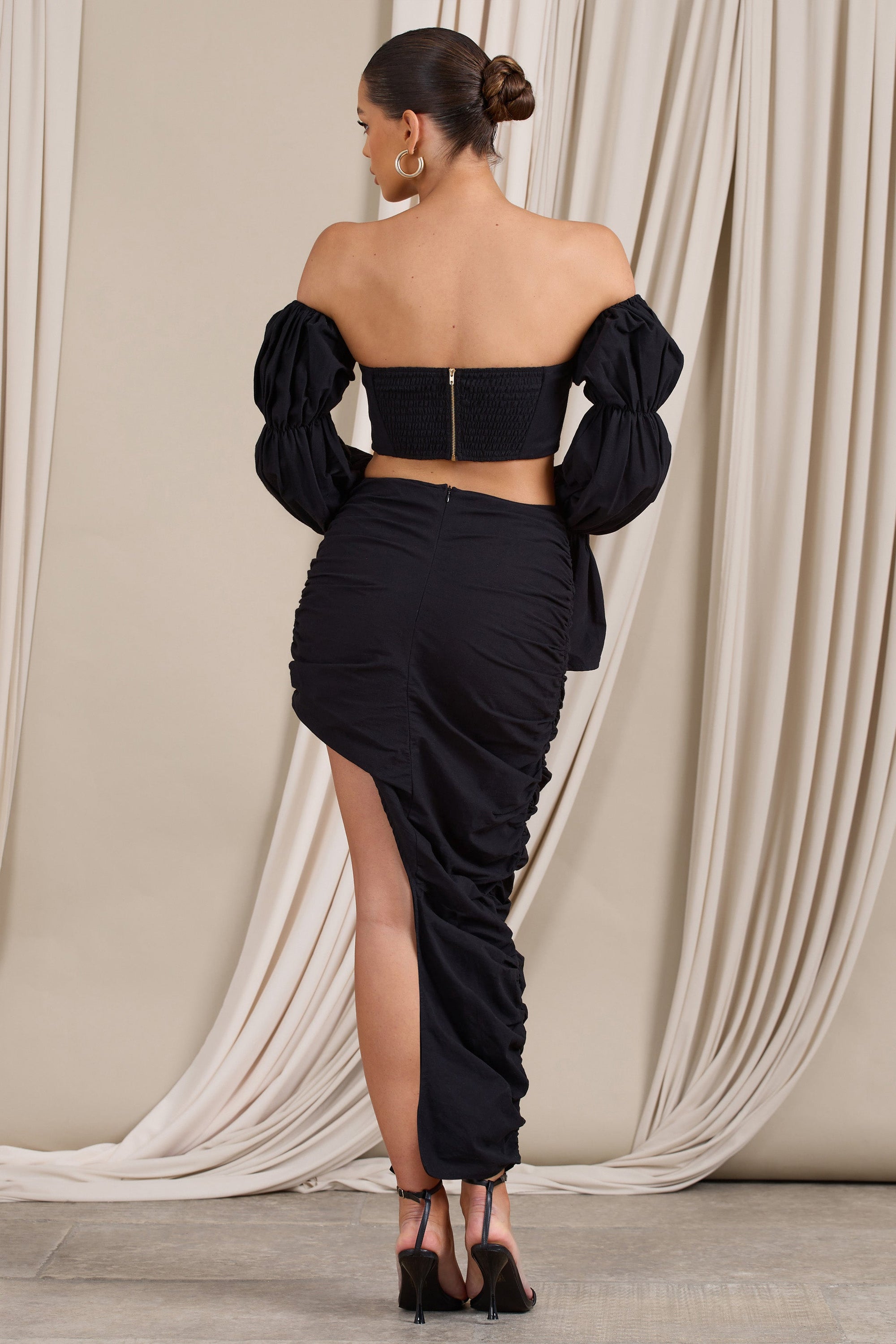 Holiday | Black Ruched Asymmetric Maxi Skirt - Club L London - AUS