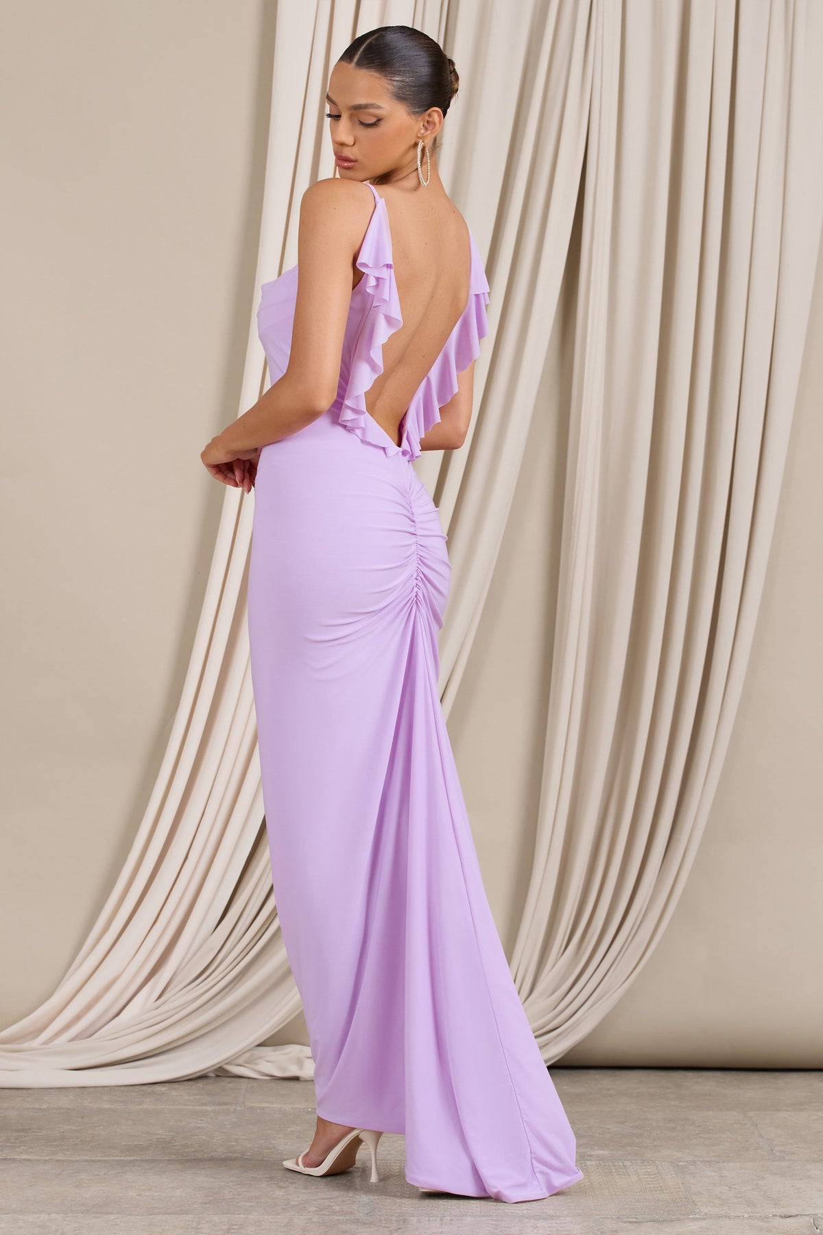 Flute Lilac Bodycon Maxi Dress With Ruched Ruffled Back Club L