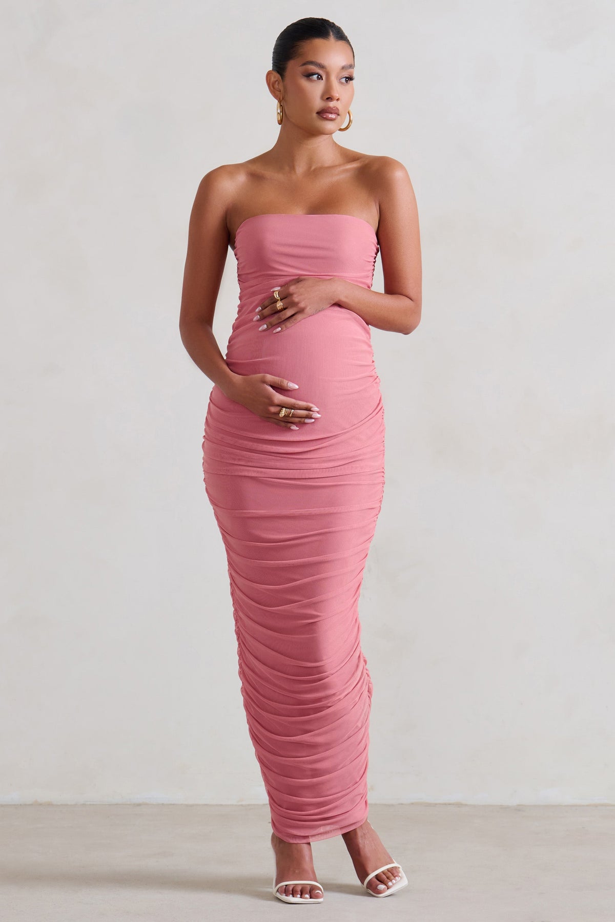 My Lady Maternity Blush Pink Strapless Bodycon Ruched Mesh Maxi Dres – Club  L London - AUS