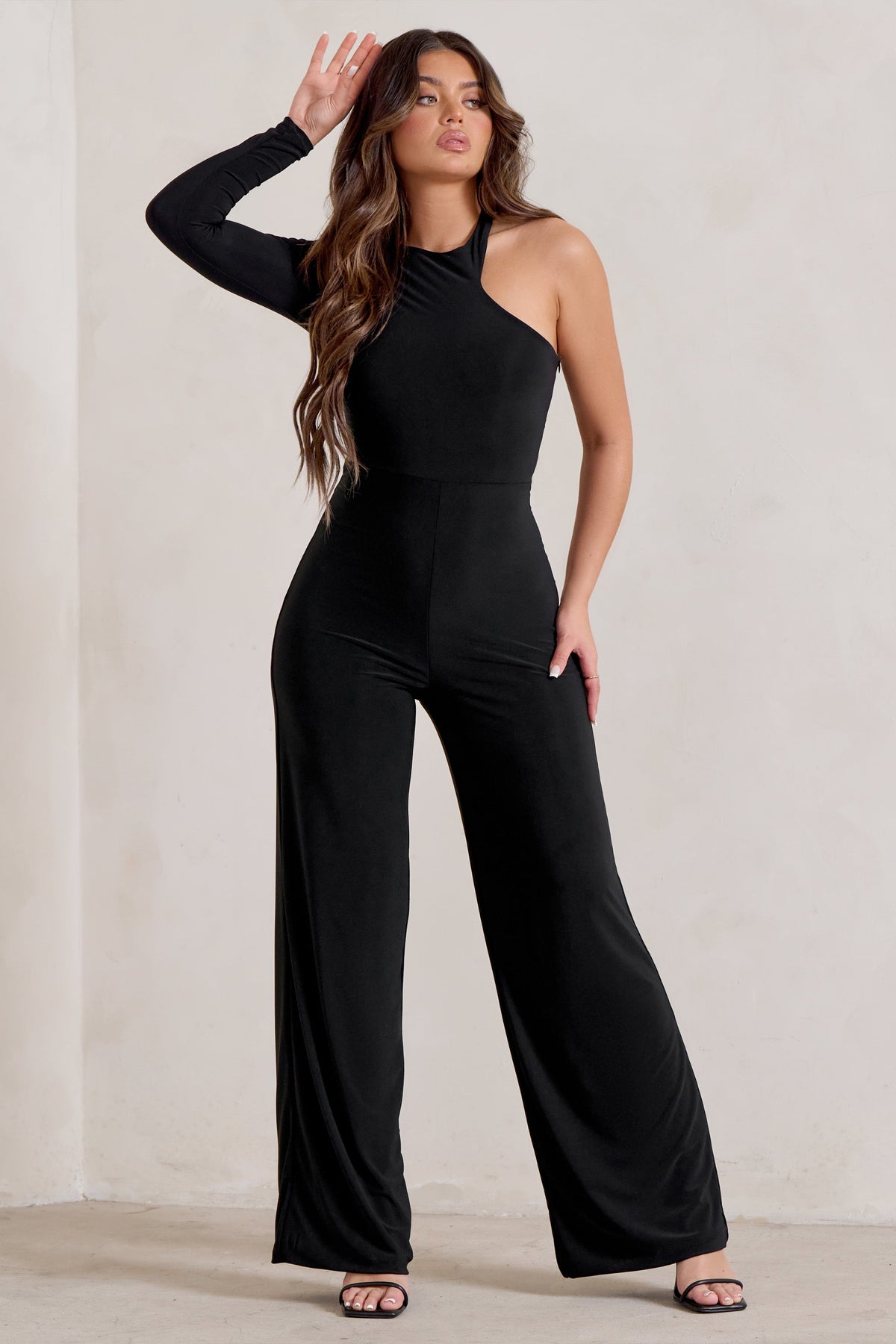 Monica Black Asymmetric Ruffled Wide-Leg Jumpsuit – Club L London - UK