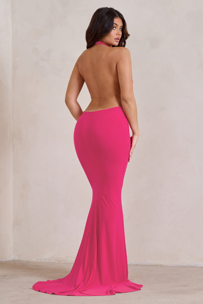 Saffina Hot Pink Cowl Neck Low Back Maxi Dress Club L London